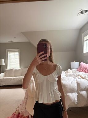 White Peplum Puff-Sleeve Crop Top - Women